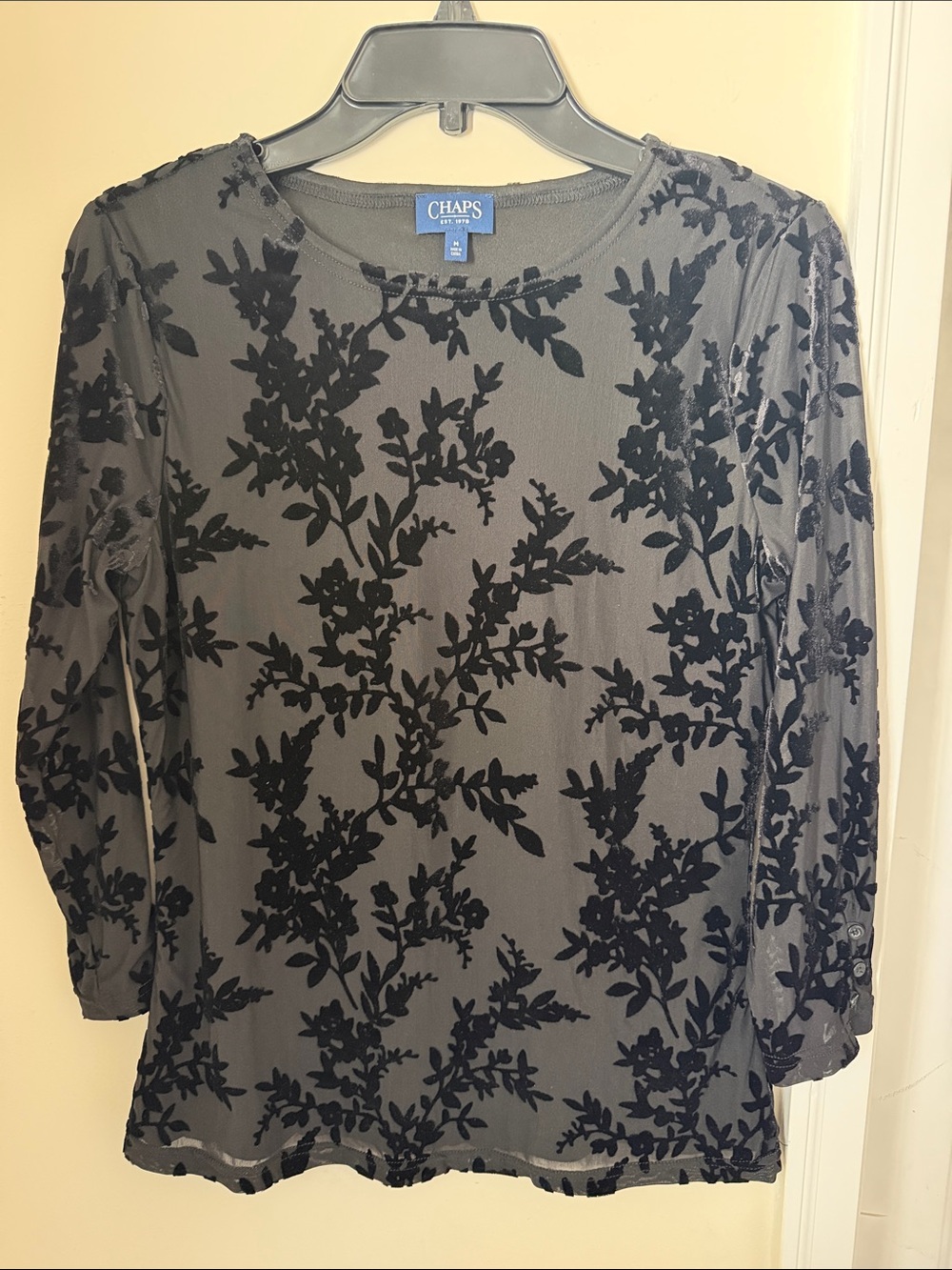 Chaps Black Floral Burnout Mesh 3/4Sleeve Top
